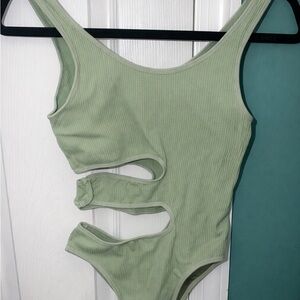 Green Ribbed Cutout Swimsuit